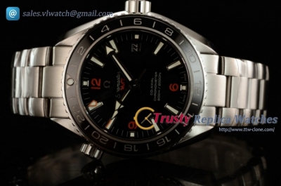 Omega - Seamaster Planet Ocean 600M Co-axial GMT SS/SS Black Dial 1:1 Clone Omega 8605 Auto (KW)