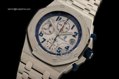 AP0089A - Royal Oak Chronograph SS/SS Wht/Blue A-7750 Sec@12