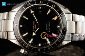 Omega - Seamaster Planet Ocean 600M Co-axial GMT SS/SS Black Dial 1:1 Clone Omega 8605 Auto (KW)