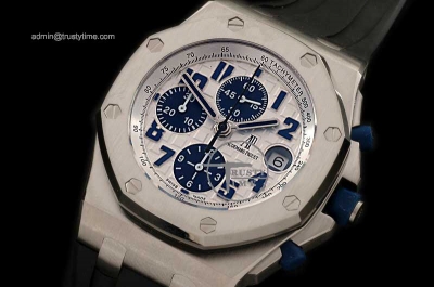 AP0080E - Royal Oak Chronograph SS/RU Wht/Blu A-7750 Sec@12