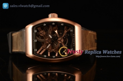 Franck Muller Vanguard Miyota Automatic Copy Tourbillon Rose Gold Case With Skeleton Dial Leather/Rubber Strap