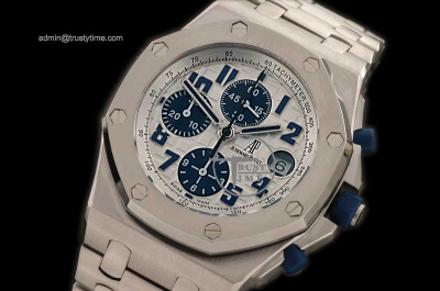 AP0080B - Royal Oak Chronograph SS/SS White Blue A-7750 Sec@12